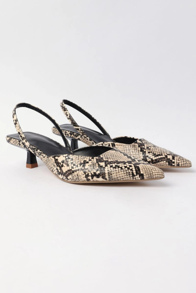 Beige Animal Print Slingback Kitten Heeled Shoes