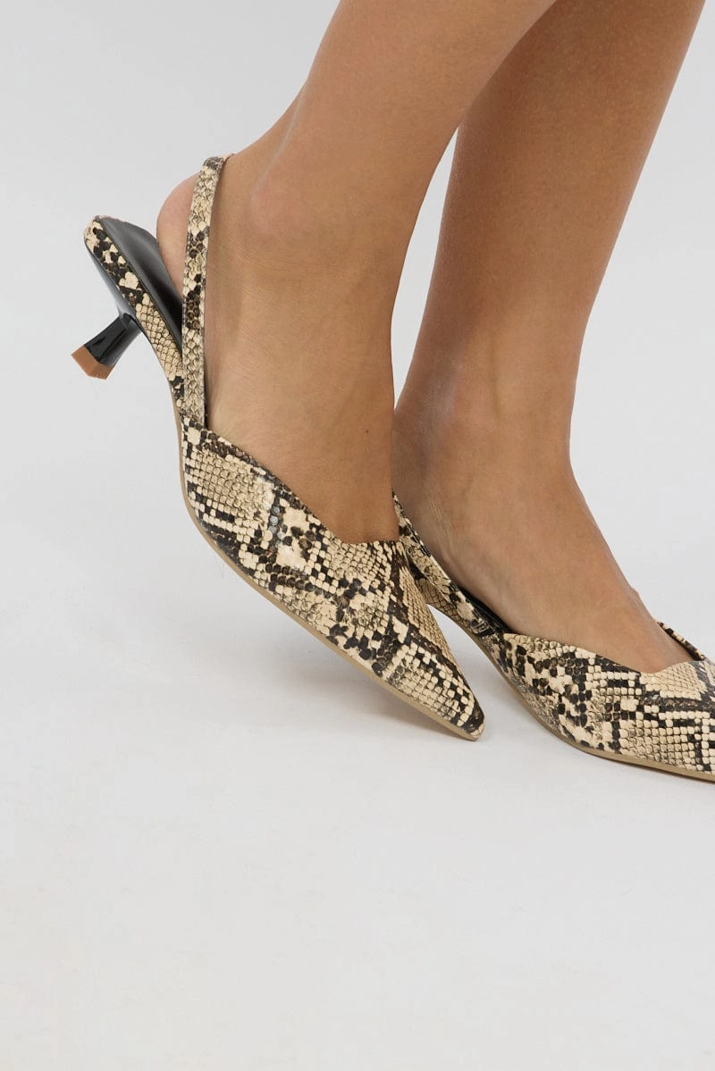 Beige Animal Print Slingback Kitten Heeled Shoes