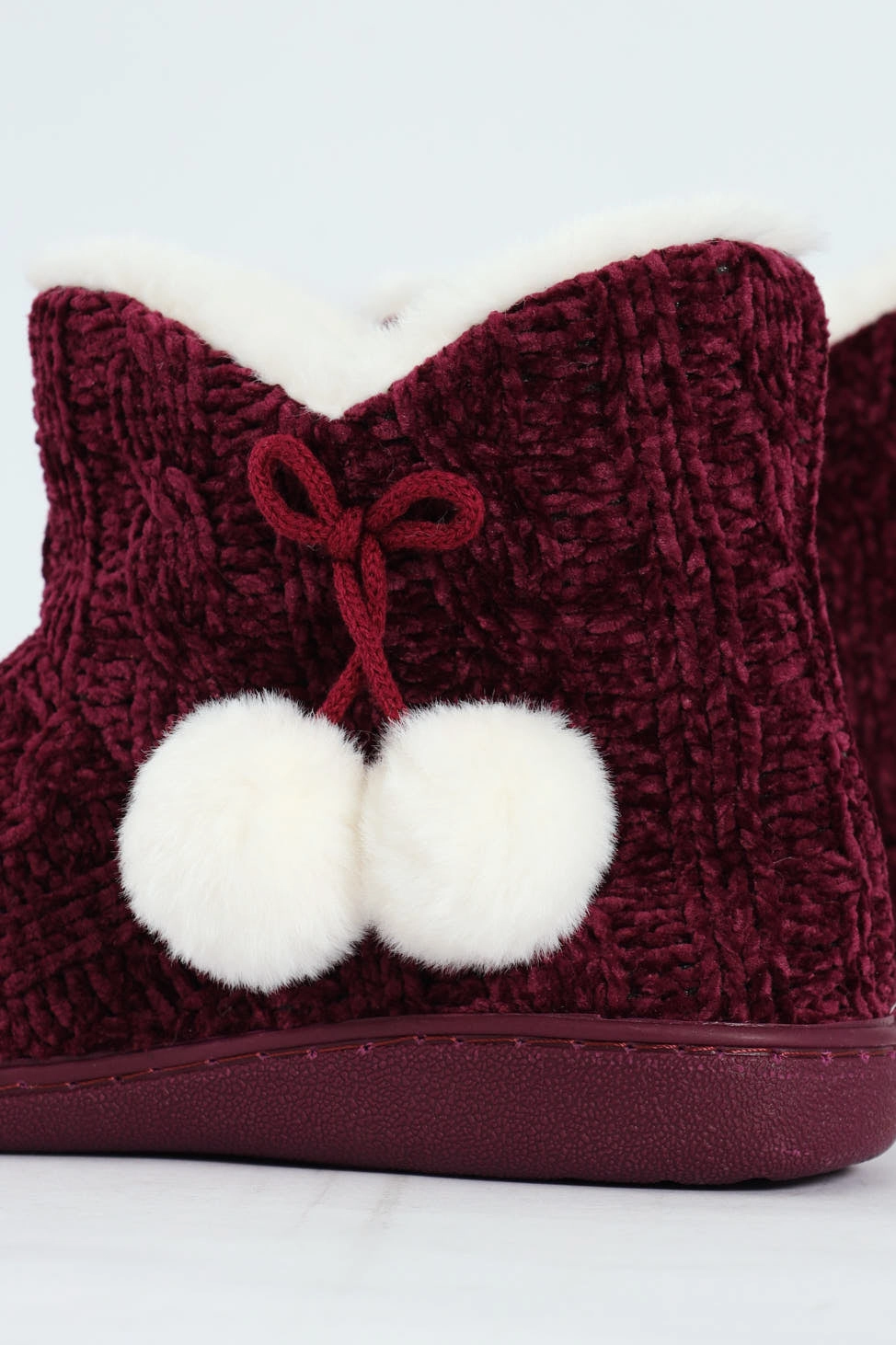 Cable Knit Slipper Bootie With Pompoms