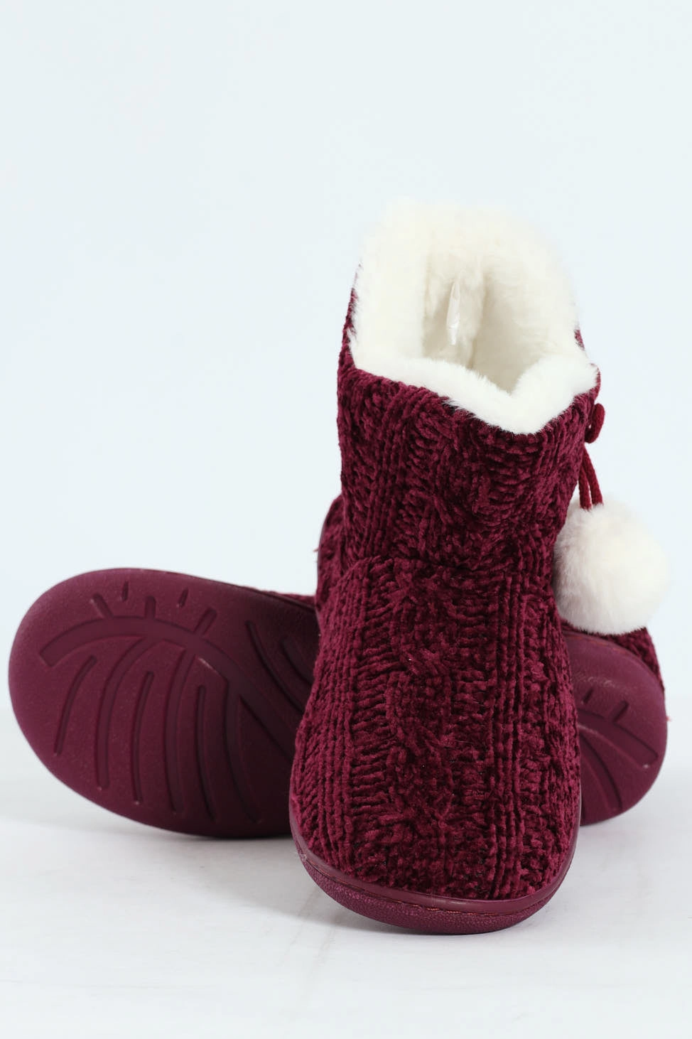 Cable Knit Slipper Bootie With Pompoms