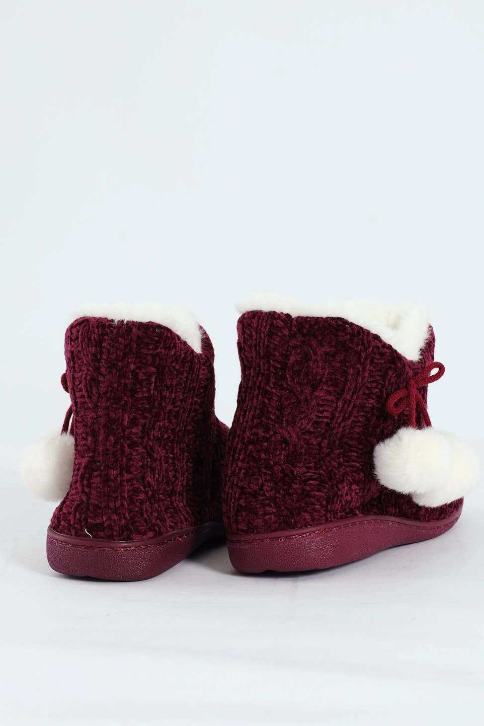 Cable Knit Slipper Bootie With Pompoms