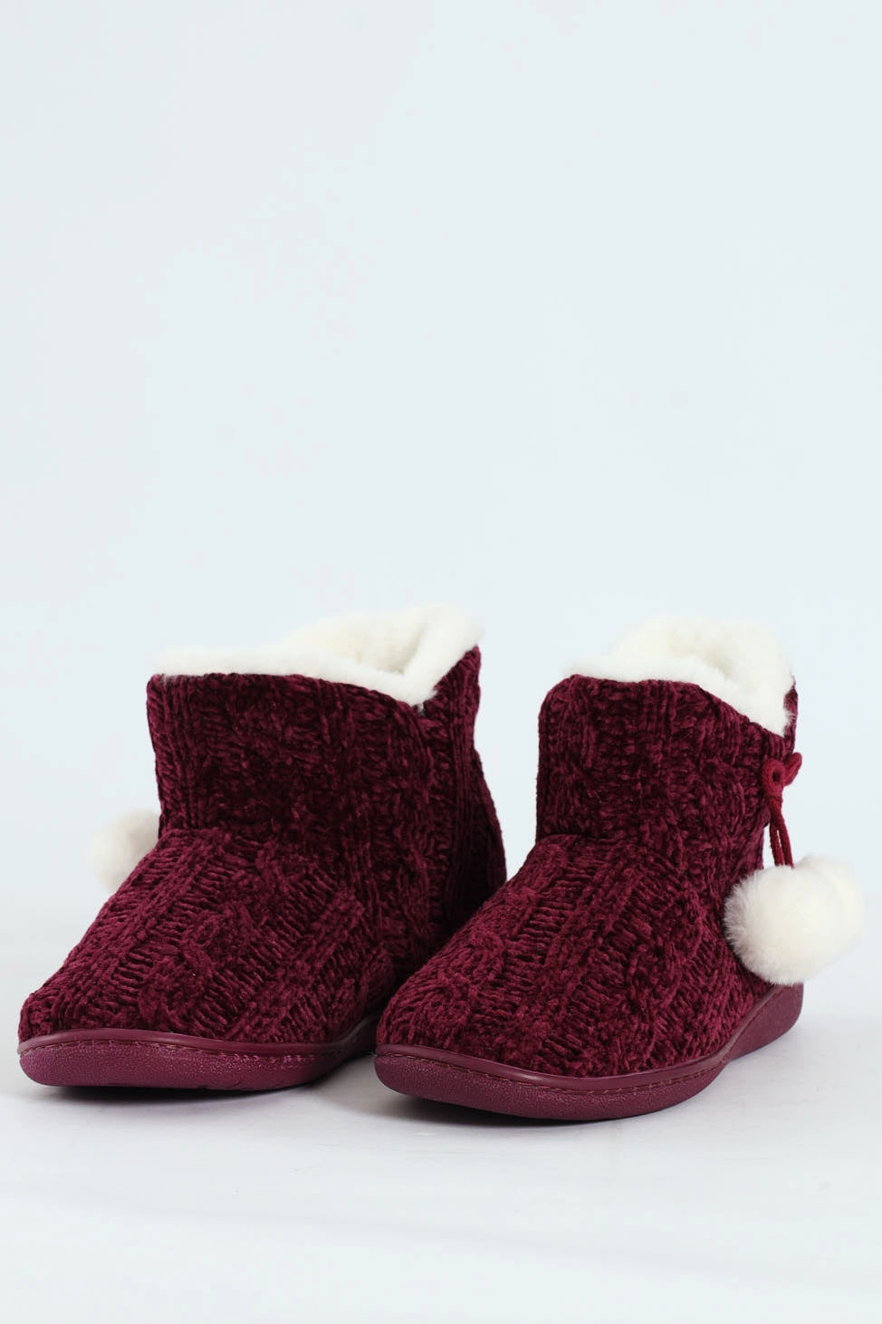 Cable Knit Slipper Bootie With Pompoms