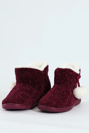 Cable Knit Slipper Bootie With Pompoms