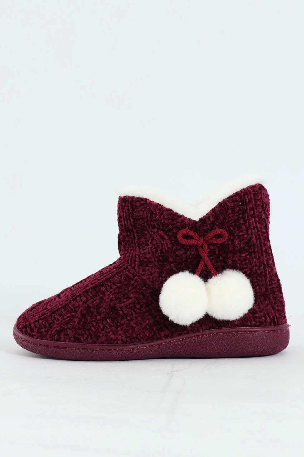 Cable Knit Slipper Bootie With Pompoms