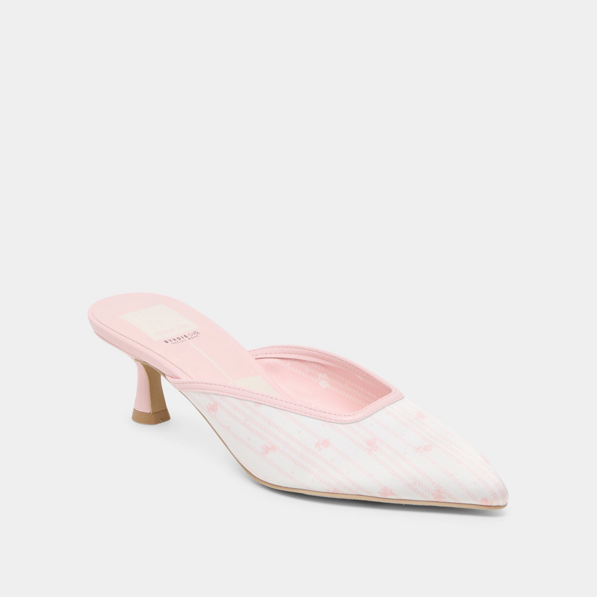 CLEO X BYRDIE GOLF WIDE HEELS PINK FLORAL SATIN