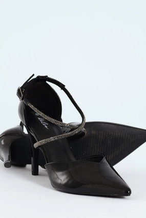 Diamante Cross Strap Court Heel - Black