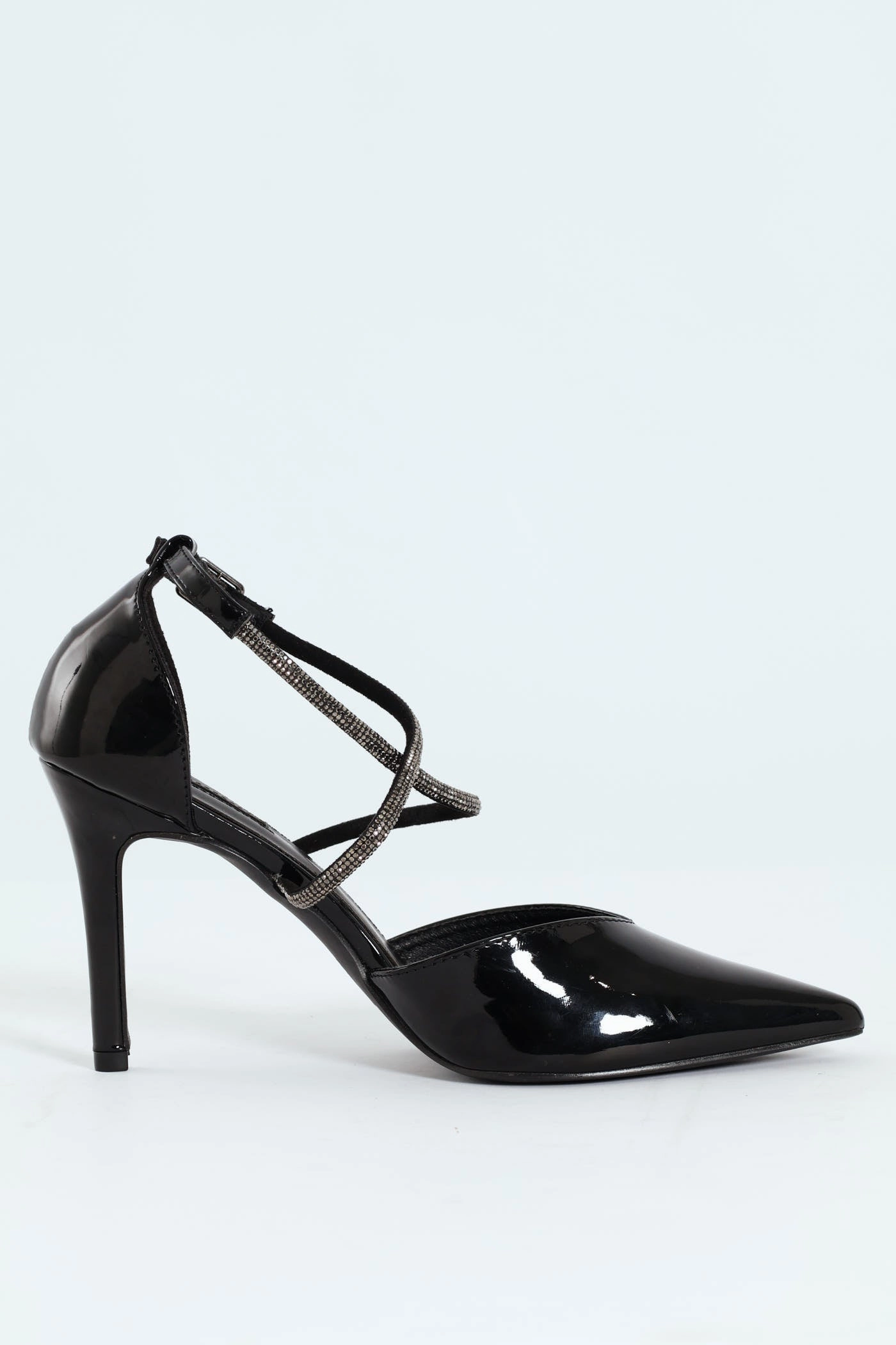 Diamante Cross Strap Court Heel - Black