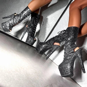 The Glitterati Xtra - OHOT Wide Fit Boot - BLACK CAVIAR - 7INCH