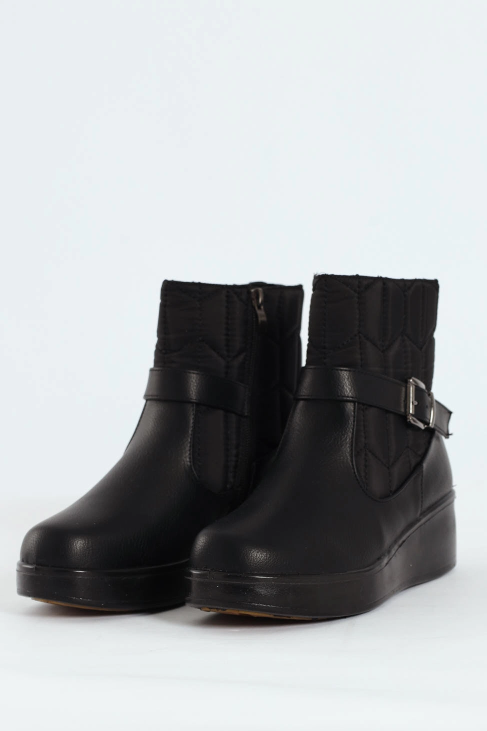 Yasmeen Quilted Buckle Wedge Ankle Boot - Black