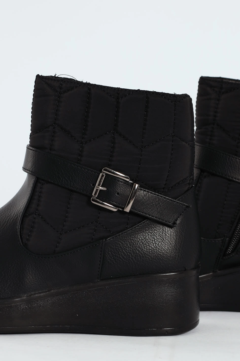 Yasmeen Quilted Buckle Wedge Ankle Boot - Black